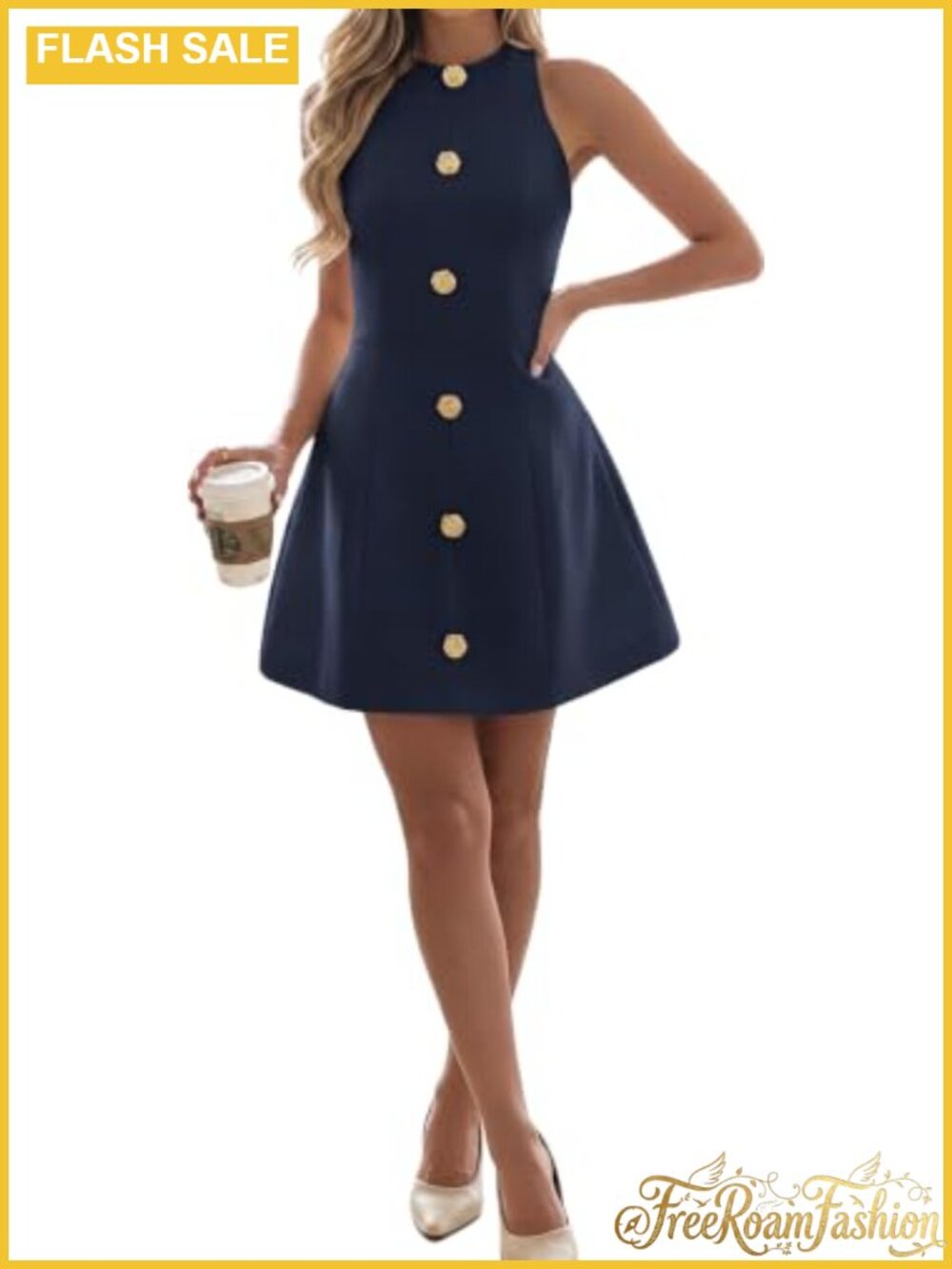 Sleeveless A-Line Mini Cocktail Dress 3D Rose Gold Buttons Lined